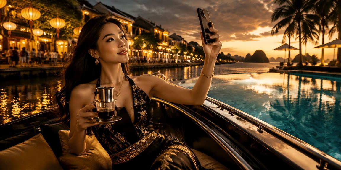 Khách hàng ngồi cà phê tại Hội An theo dõi kết quả xổ số và kiểm tra giải thưởng trên điện thoại